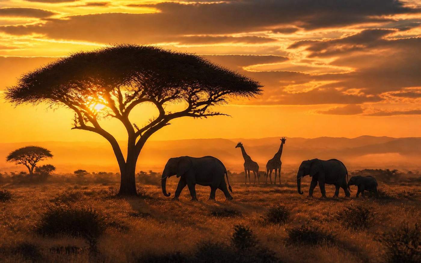 Elephants crossing a river at golden hour in the African savannah